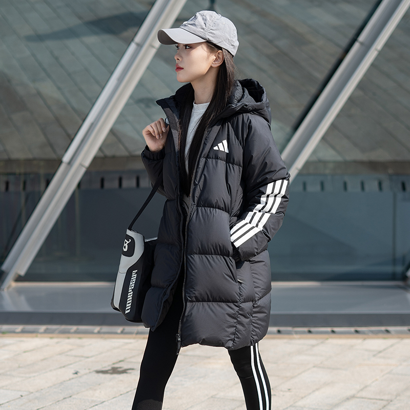 阿迪达斯羽绒服女装冬季新款宽松连帽中长款休闲羽绒外套JG3855