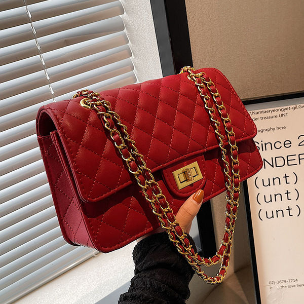 红色包包女2023新款时尚百搭菱格链条单肩斜挎包高级感结婚新娘包
