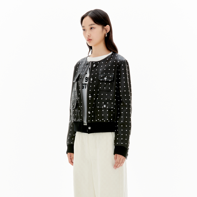 REVAN芮范酷感满印黑色短款棉衣RU90105254