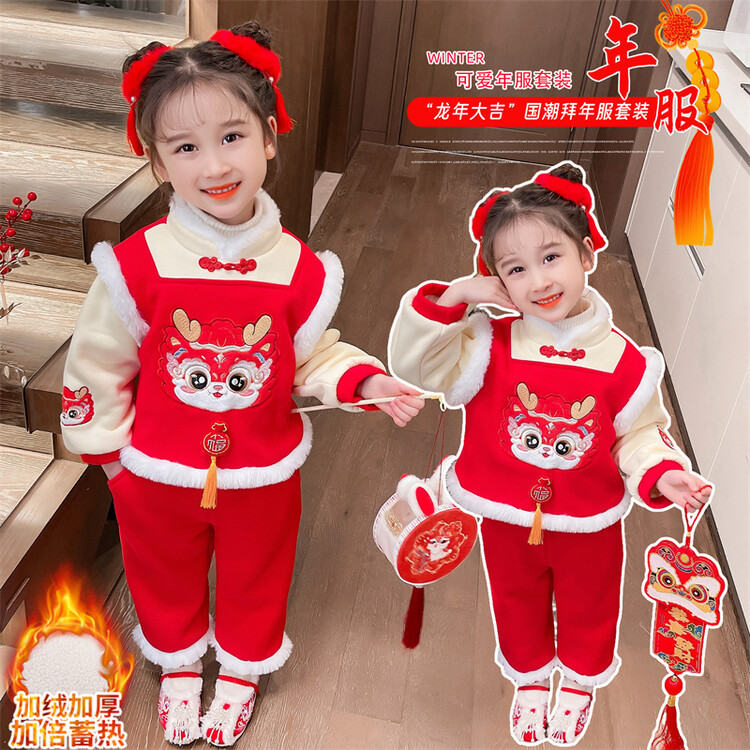 唐装冬季刺绣女童中小童儿童宝宝加绒中国风保暖喜庆拜年服