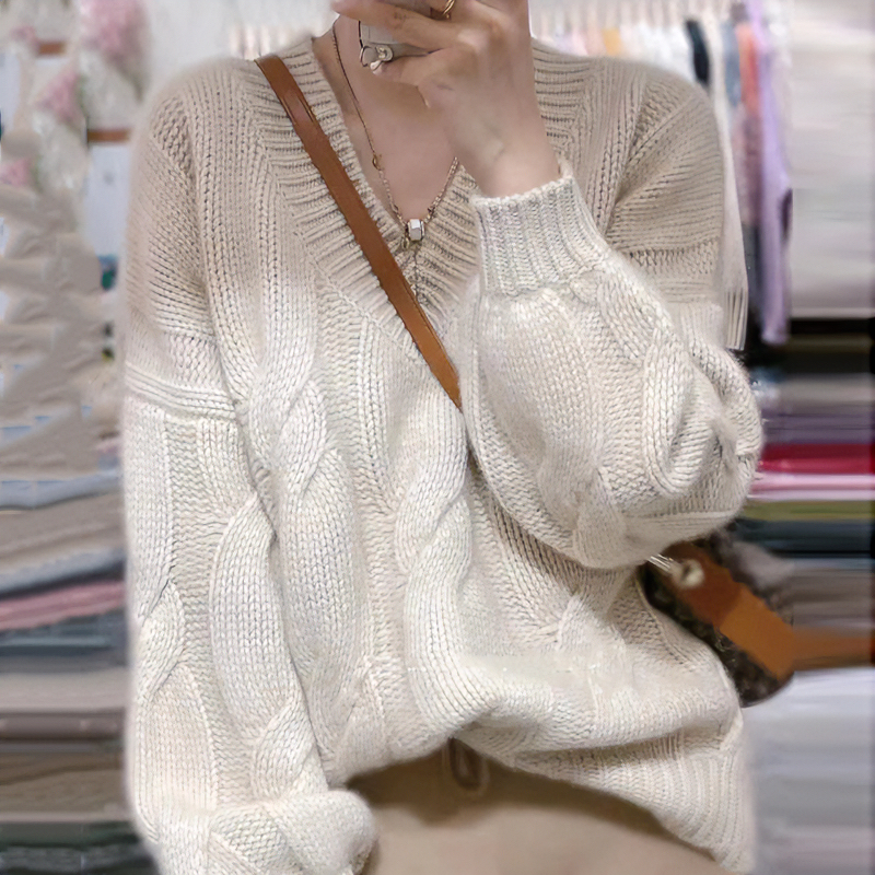 重磅欧货~软糯V领麻花羊毛衫女加厚宽松加厚纯羊毛慵懒风
