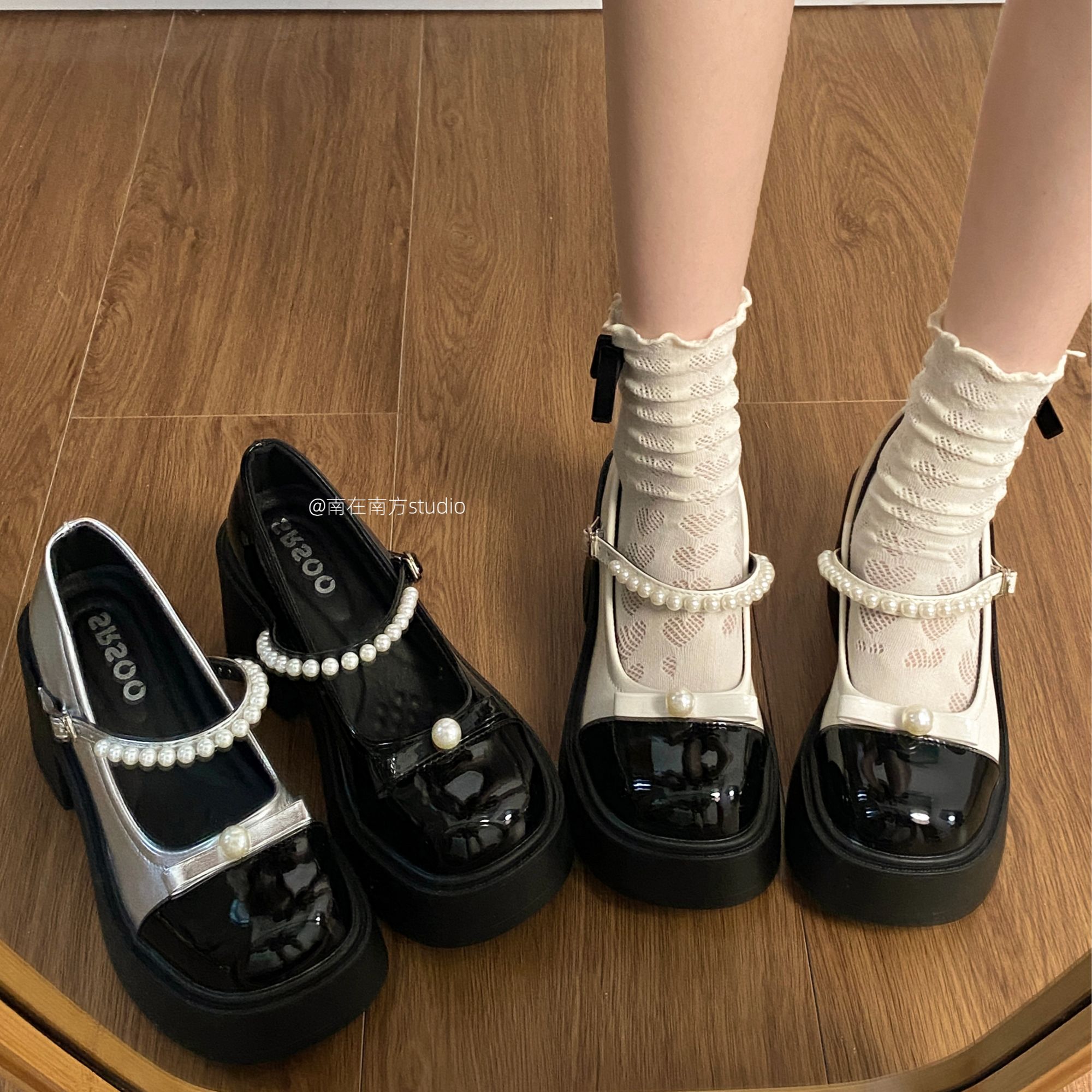 南在南方日系圆头甜妹蝴蝶结玛丽珍鞋2025春秋新款珍珠厚底小皮鞋