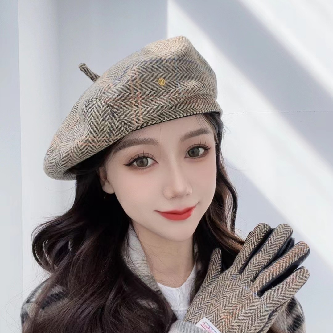 56-59cm绵羊毛棕色人字纹贝雷帽姚姚0737