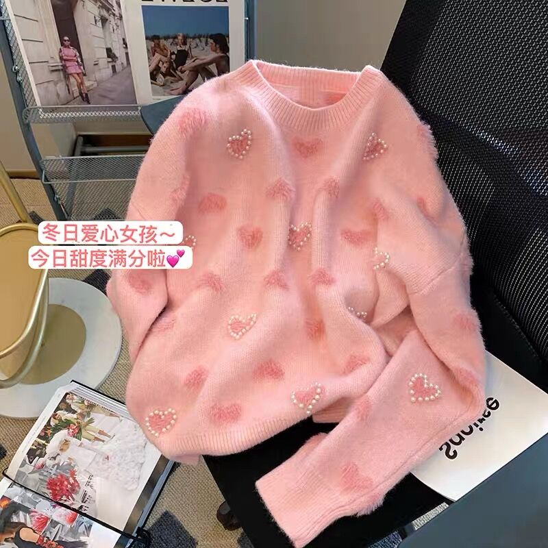 新款软糯风软奶系毛衣爱心秋冬学生宽松针织衫减龄套头圆领上衣女