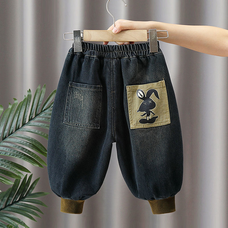 男童加绒牛仔裤秋冬新款中小童加厚一体绒休闲裤宝宝冬装保暖裤Hc