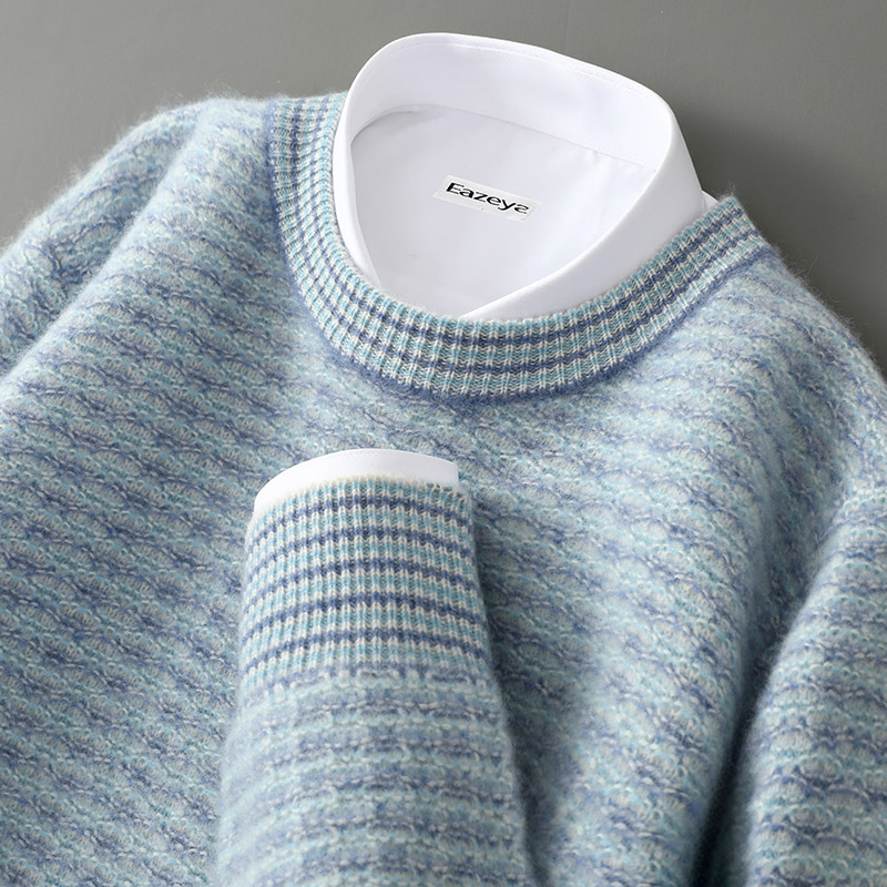 复古拼色纯羊毛衫男士加厚提花宽松保暖秋冬套头毛衣针织打底衫