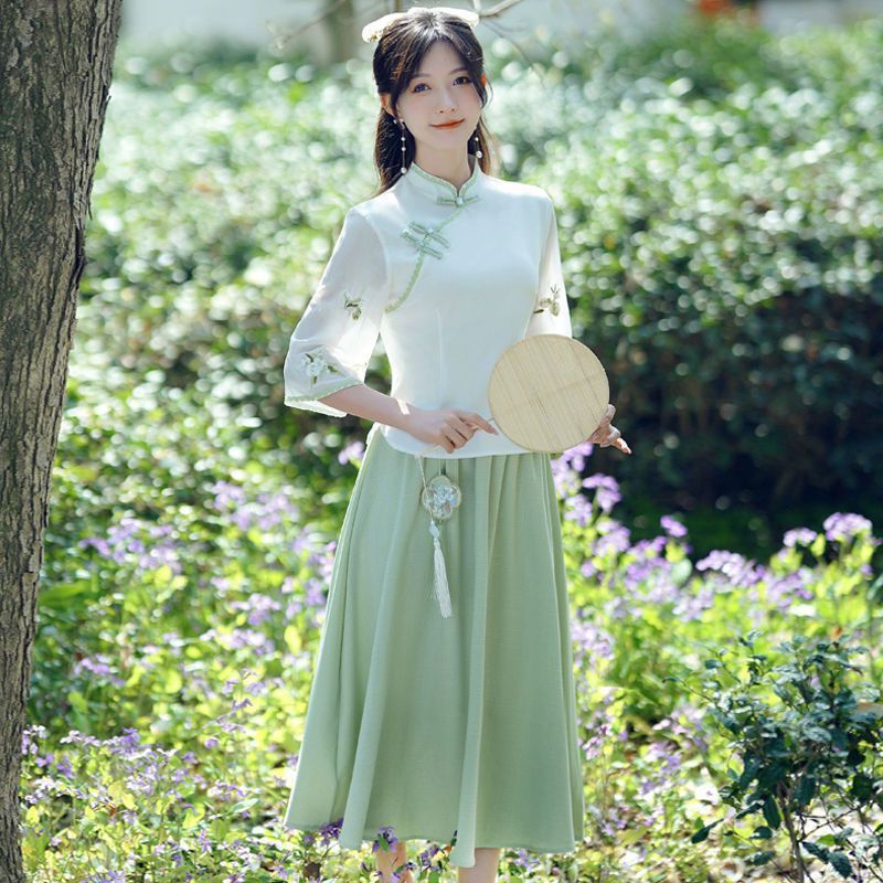 仙气汉服工作服中国风唐装套装中式女装茶艺服夏季民国采耳师服装