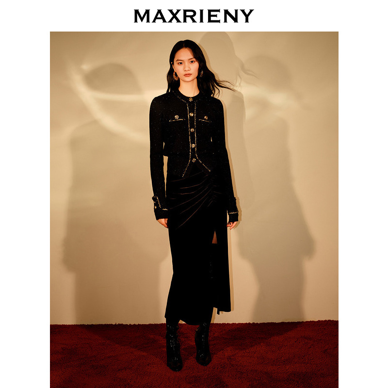 MAXRIENY精致复古感开叉丝绒半裙鱼尾抽褶包臀裙子显瘦长款冬季