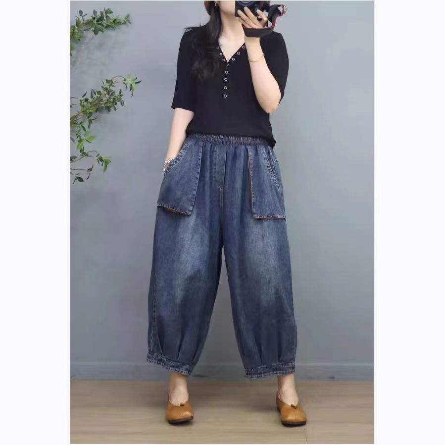 G薄款春夏立体口袋牛仔灯笼裤女复古休闲宽松九分松紧腰阔腿裤子