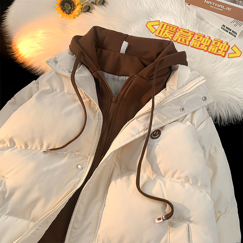  冬季假两件棉衣表情印花新款港风男连帽外套宽松学生加厚韩版ins