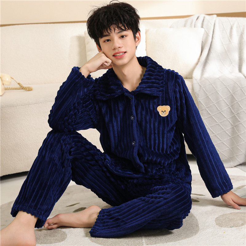 秋冬男士加绒加厚珊瑚绒2023新款少年法兰绒简约大码家居服套装