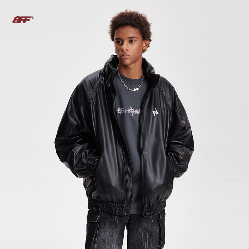 8FF大不相同/25SS 两色 立领刺绣撞色夹棉PU皮衣连帽加厚棉服