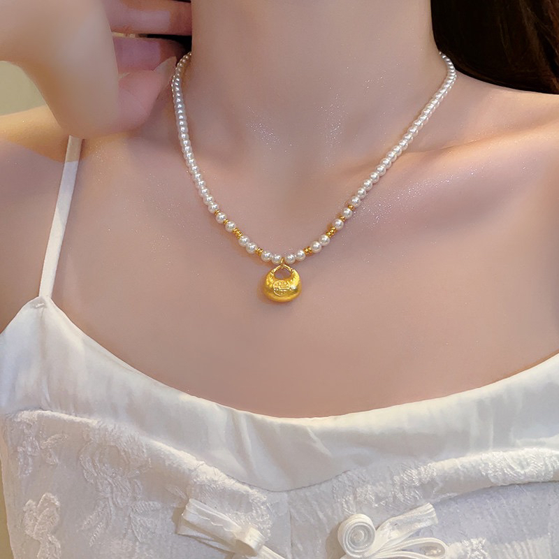 非金属仿珍珠项链 时尚网红小胖福吊坠仿珍珠项链女小众设计感