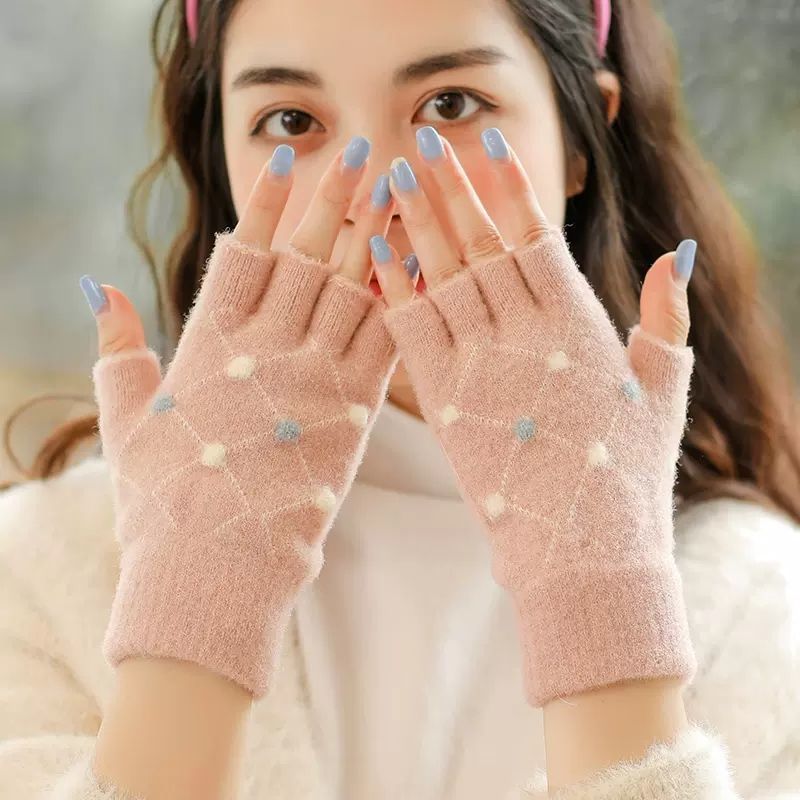 【小扬哥推荐】半指手套女冬天五指露指针织毛线手套韩版学生写字