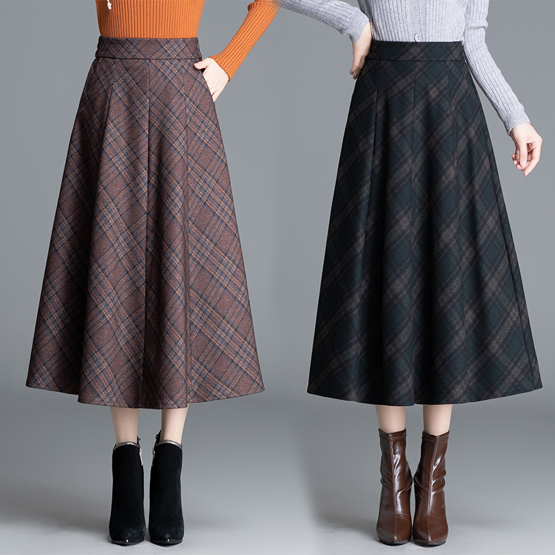 a字裙半身裙女秋冬2025高腰显瘦中长款大码格子裙毛呢长裙垂感
