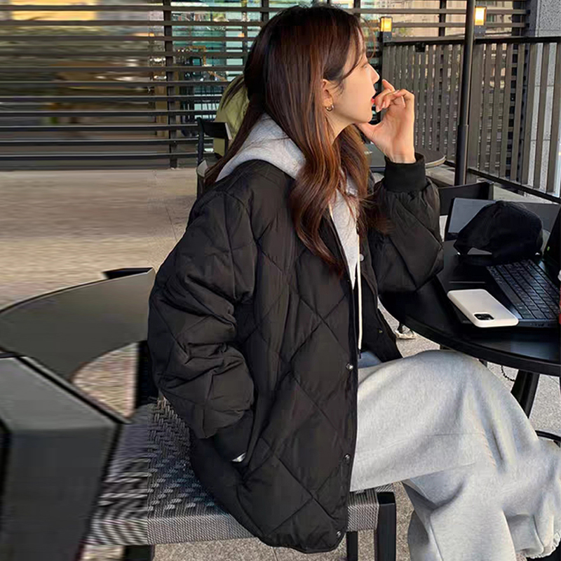 【902】轻薄短款棉服外套女秋冬季小个子高级感夹棉黑色菱格棉衣