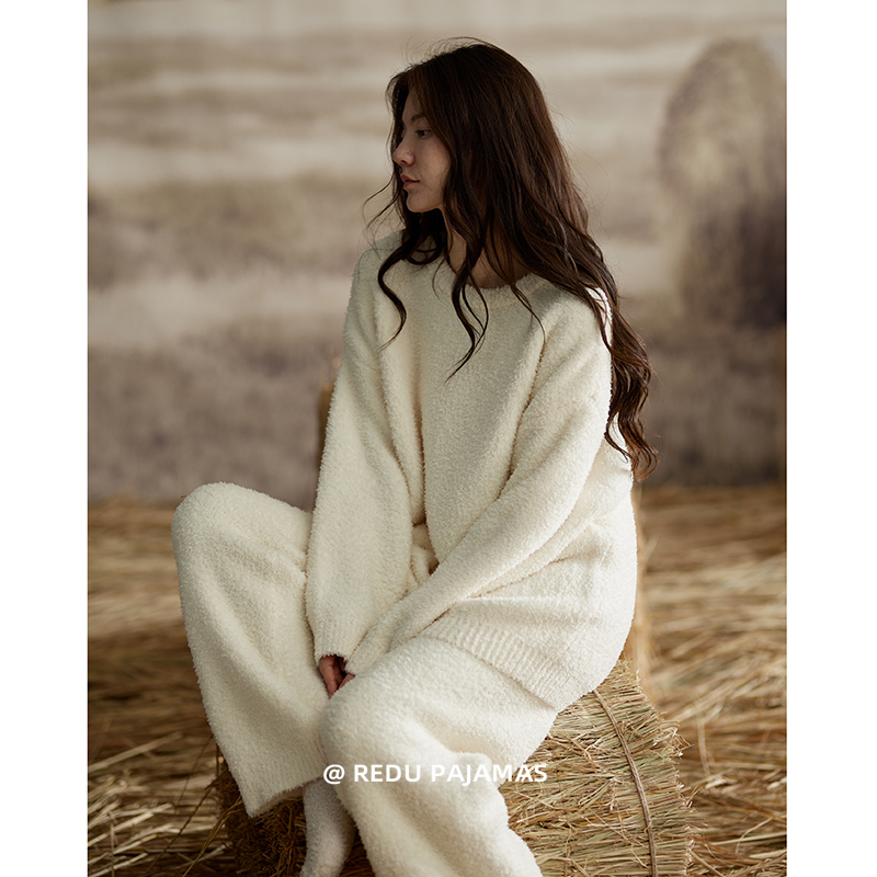 【慵懒风】热妒半边绒睡衣女秋冬季珊瑚绒加绒加厚套头家居服套装