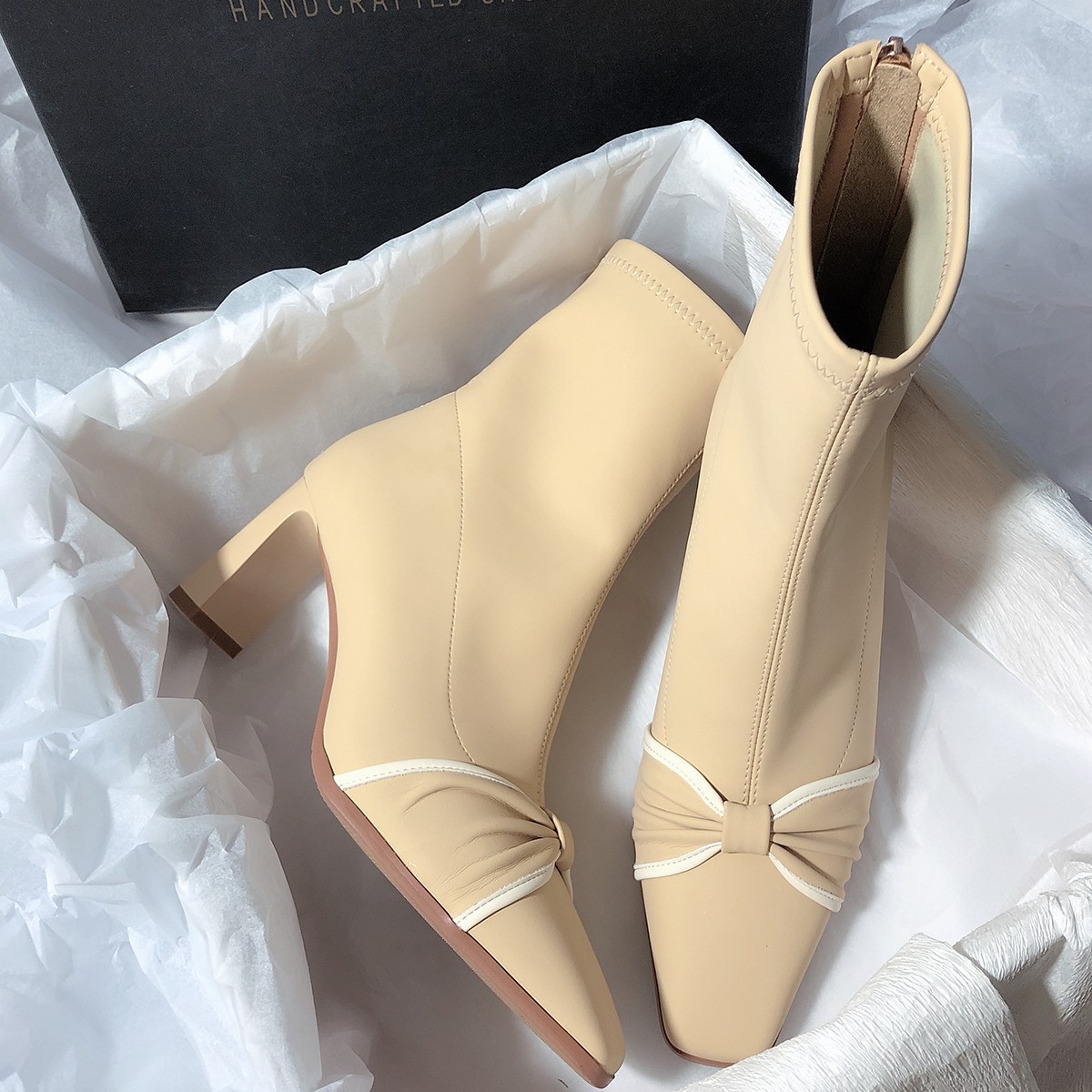 森屿海巷 原创拼色方头高跟短靴蝴蝶结甜美舒适风可爱淑女瘦瘦靴