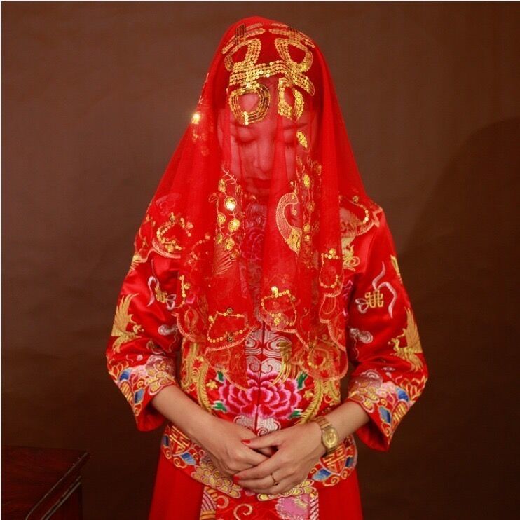 高档盖头纱蒙头红盖头刺绣结婚半透明新娘加大中式秀禾流苏网纱薄