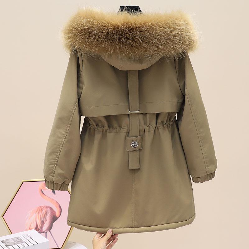 派克服2023新款女中长款加绒加厚连帽收腰工装棉衣棉服外套