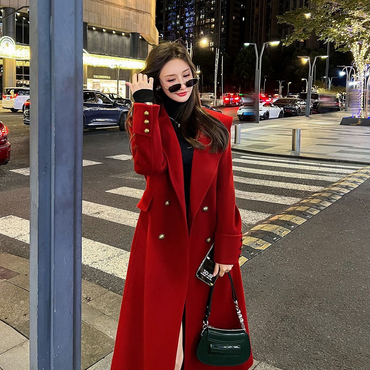 羽绒服呢子红色大衣女2023新款秋冬气质名媛风衣毛长款红色呢外套