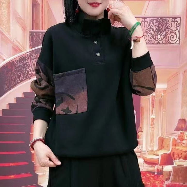 文艺时尚印花立领卫衣女2024秋季新款洋气宽松三粒扣半高领上衣