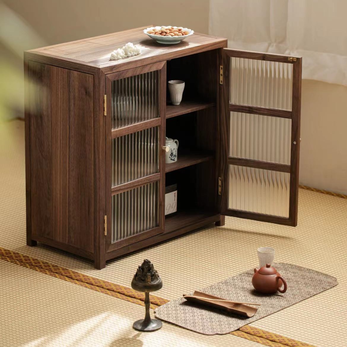 北美黑胡桃长虹三层柜胡桃木茶具收纳柜茶水柜边柜实木茶室储物柜