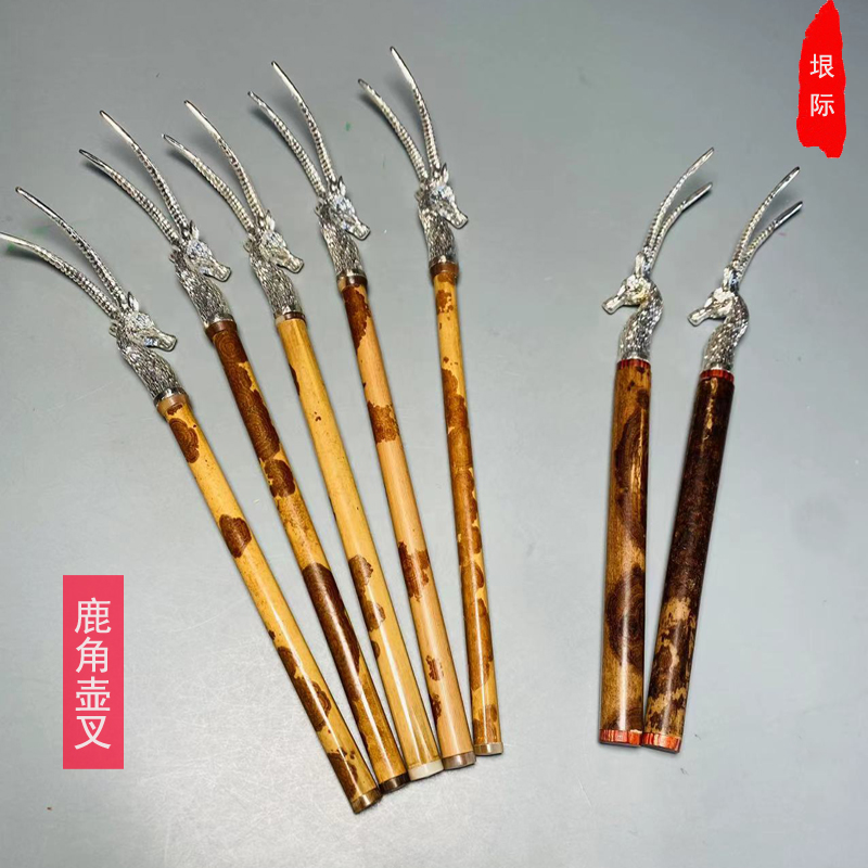 锌合金镀银鹿角镶嵌红湘妃竹柄壶叉 黑湘妃竹柄壶叉 功夫茶道配件