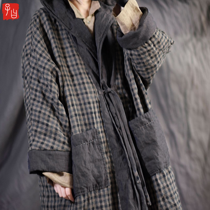 复古文艺宽松亚麻格子连帽棉袍女撞色拼布系带棉衣夹棉外套