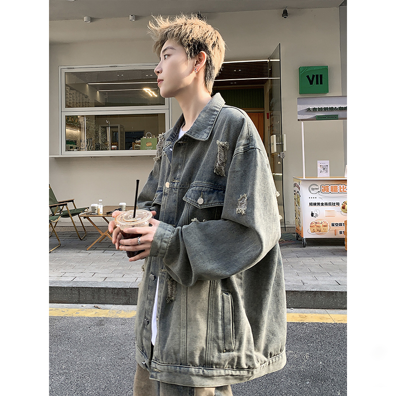 美式高街复古蓝破洞牛仔外套男款春秋季港风潮流痞帅工装夹克上衣