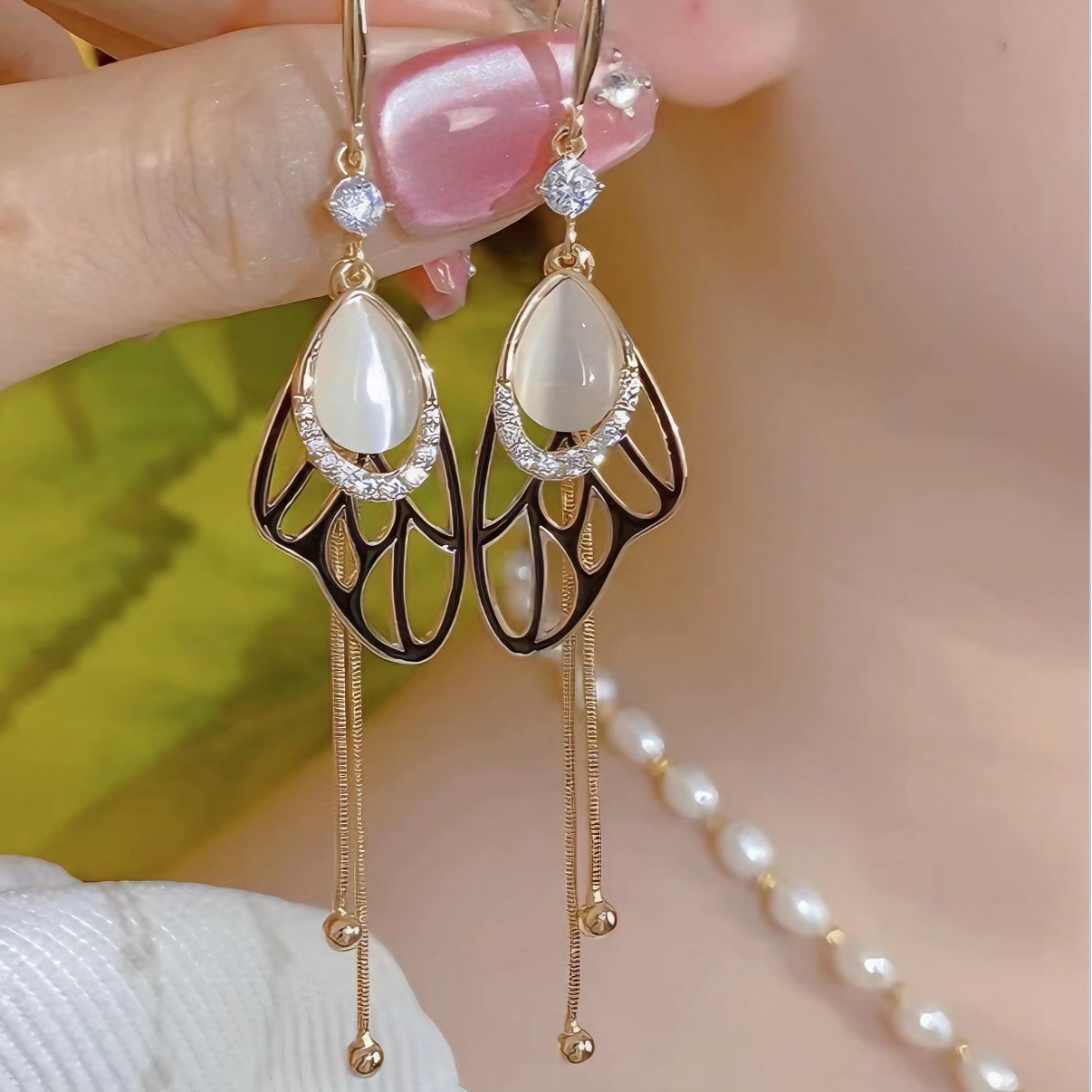 铜合金合成锆石耳饰 蝶儿飞时尚气质精致流苏耳环225