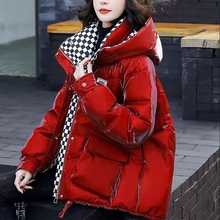 波登司羽绒服亮面免洗羽绒羽绒服女2022冬季新款韩版格子棉袄宽松