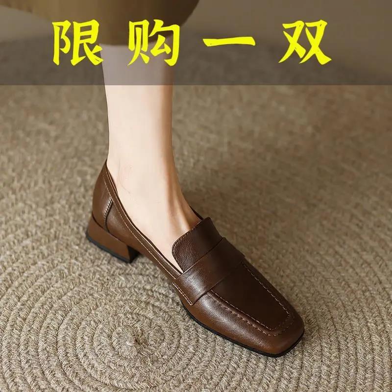 红蜻蜓牌真皮方头乐福鞋女2023春季新款复古小皮鞋中跟英伦风百