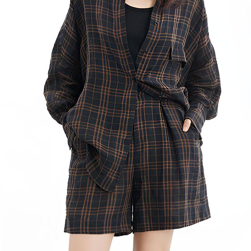 CLEAR BREEZE设计感百搭休闲亚麻时尚格纹宽松气质短裤421287302