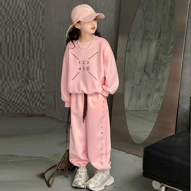 俏咪咕女童春季新款韩版宽松休闲潮酷简约卫衣卫裤套装