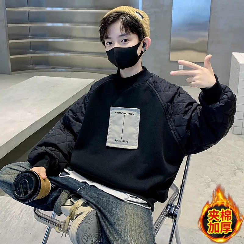 男童中大童帅气潮款卫衣儿童加绒一体绒夹棉拼接中领宽松休闲卫衣