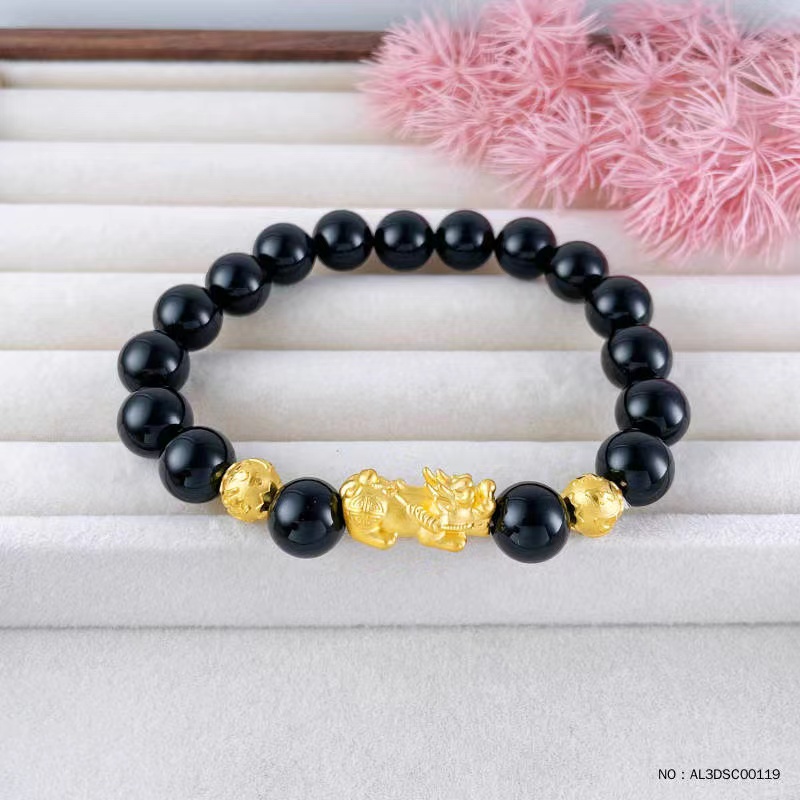 足金招财貔貅玛瑙珠手串3D硬金间弹力绳成品手串轻奢时尚情侣