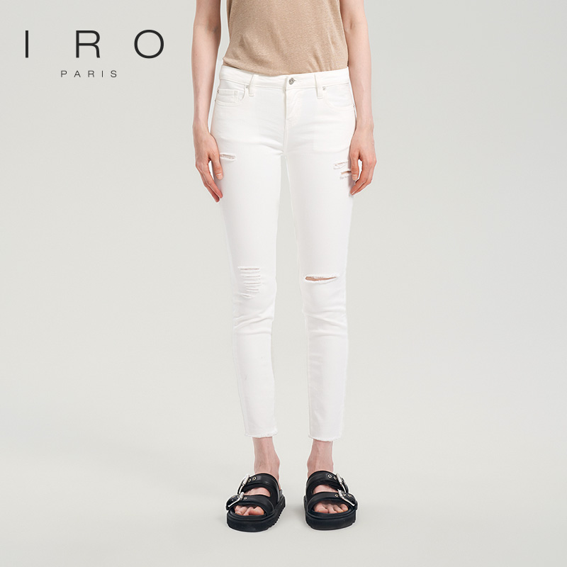 IRO NIGHT 春夏女装休闲慵懒风紧身显瘦小脚裤黑色破洞牛仔裤长裤