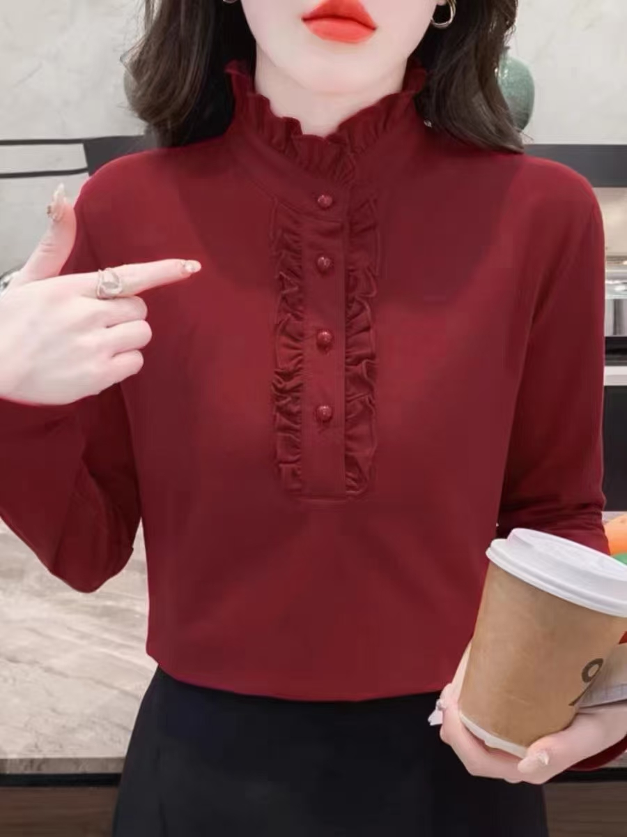 盈鑫木耳边加绒一体绒上新时尚洋气气质长袖珍珠领纯色百搭衬衫女