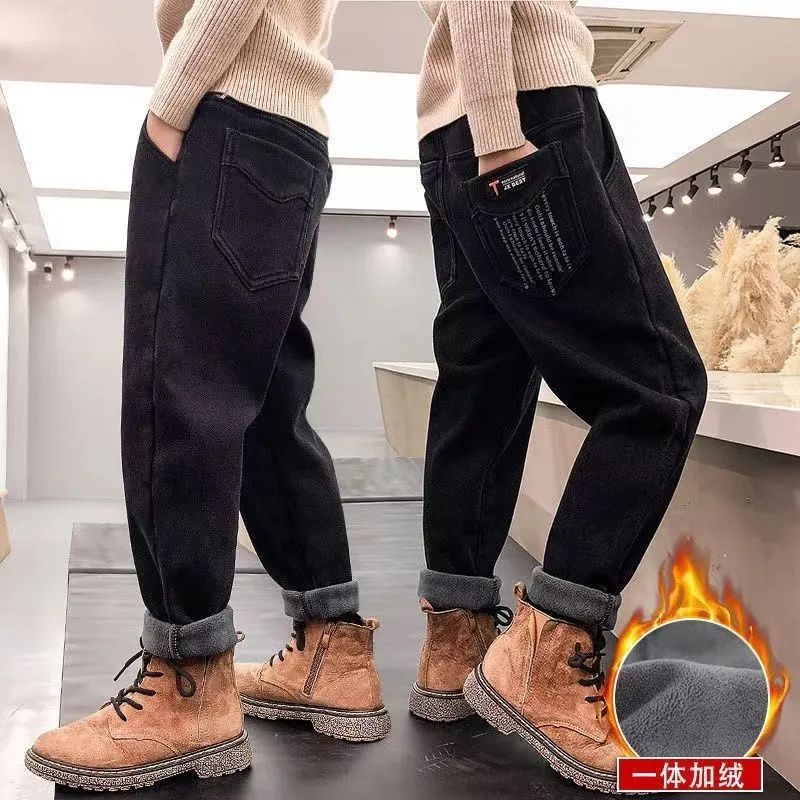 男童冬季牛仔裤新款儿童加绒裤子中大童男孩加绒长裤加厚秋冬