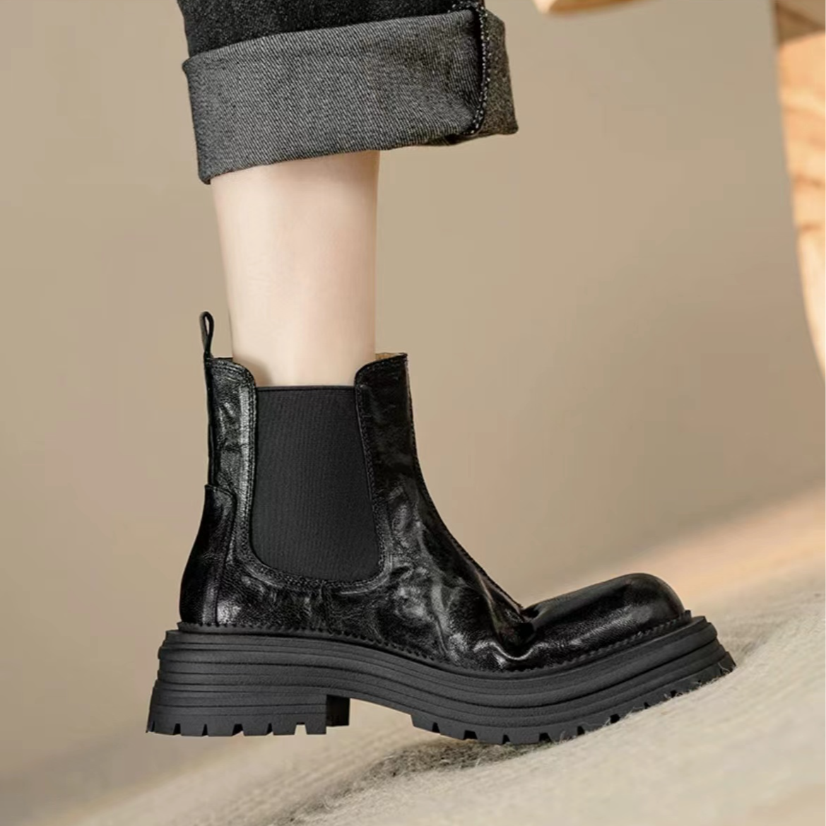 2024新款羊皮手抓纹短靴秋冬圆头厚底百搭切尔西靴英伦风真皮女靴