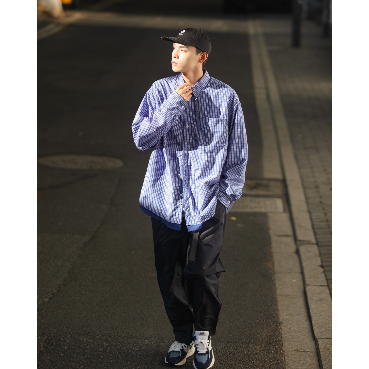 大白鲨日系假两件格子衬衫男春夏潮流设计感外套cityboy长袖衬衣