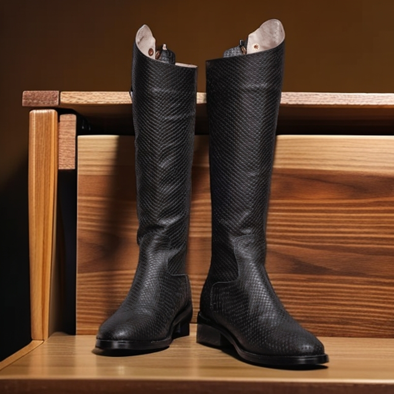 哈如贵鱼鳞纹手工皮靴里外全皮靴子女士高筒骑士长靴时尚百搭