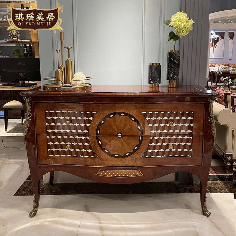 琪瑶美居英式实木贝壳拼花玄关柜欧式古典餐边柜装饰柜门厅双斗柜