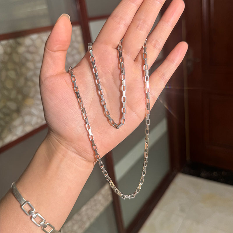 链子925银 项链男百搭款镀铂金轻奢长方格项链pt950不掉色