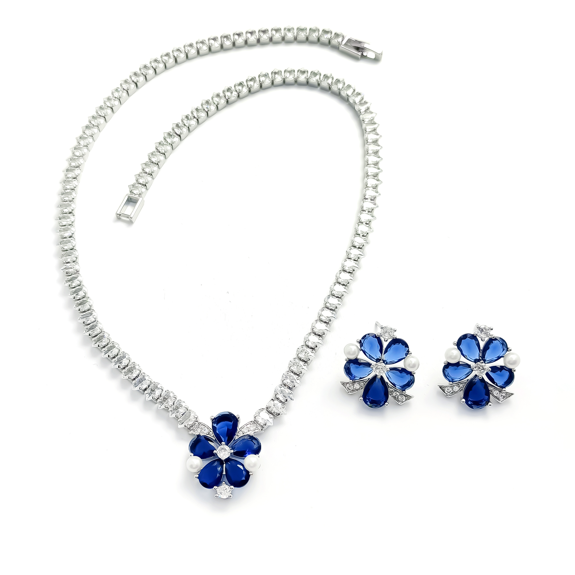 铜合金合成锆石耳饰 WYSX-000154 【海蓝】 耳饰+项链套装小众