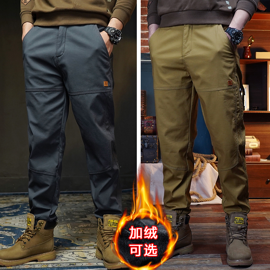 冬季加绒工装裤男束脚休闲胖子大码百搭简约洁新款户外宽松长裤