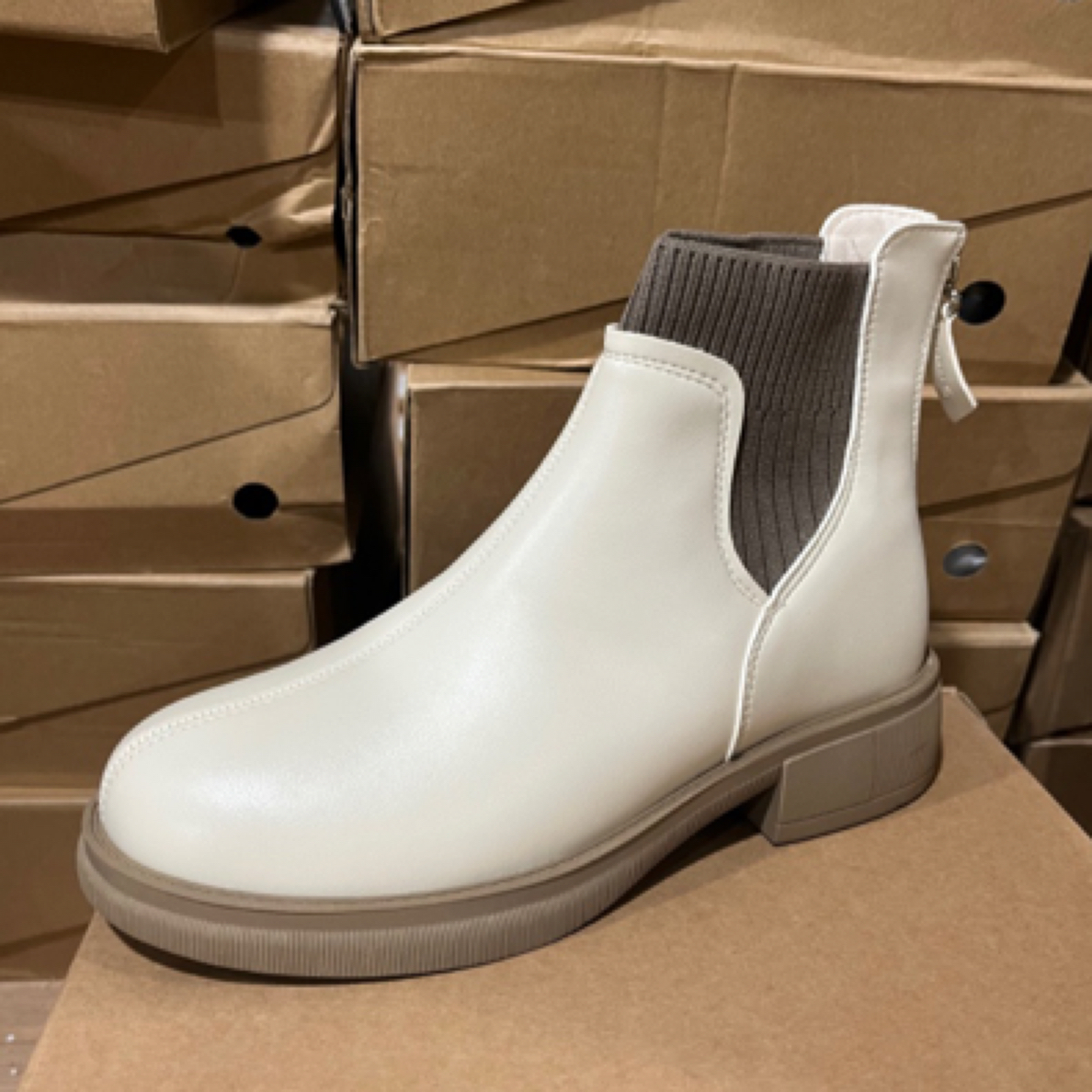 冬季1709加绒针织拼接平底后拉链短靴女23D