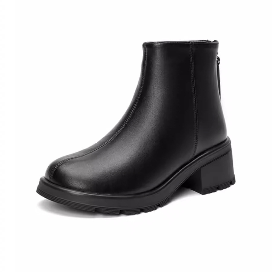 冬季1248加绒粗跟后拉链短靴女23D