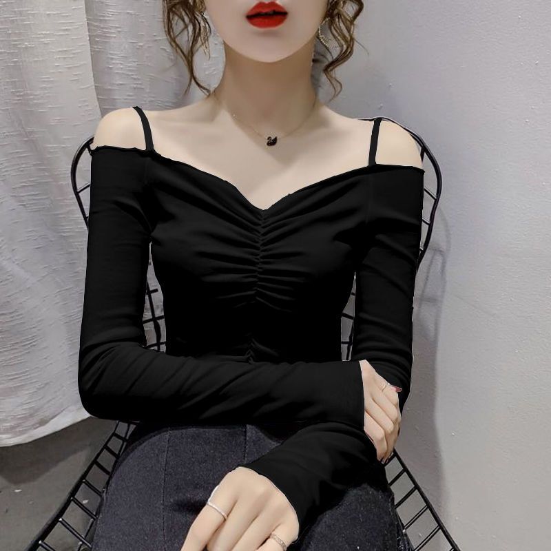 设计感小心机一字肩上衣女2023秋季新款修身显瘦长袖短款T恤潮sj